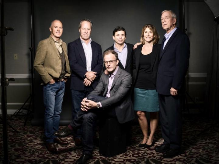 Michael Keaton, Ben Bradlee Jr., Tom McCarthy, Michael Rezendes, Sacha Pfeiffer, and Walter Robinson at an event for Spotlight (2015)