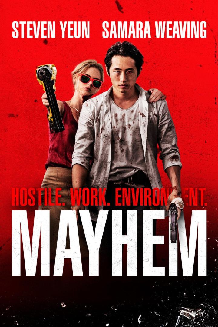 Samara Weaving and Steven Yeun in Mayhem (2017)