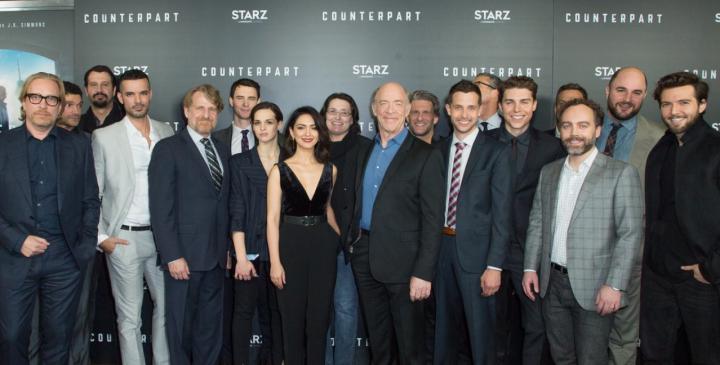 Harry Lloyd, J.K. Simmons, Morten Tyldum, Nicholas Pinnock, Justin Marks, Nolan Gerard Funk, Stefan Kapicic, Guy Burnet, Mido Hamada, Nazanin Boniadi, Bernhard Forcher, Jordan Horowitz, and Sara Serraiocco at an event for Counterpart (2017)