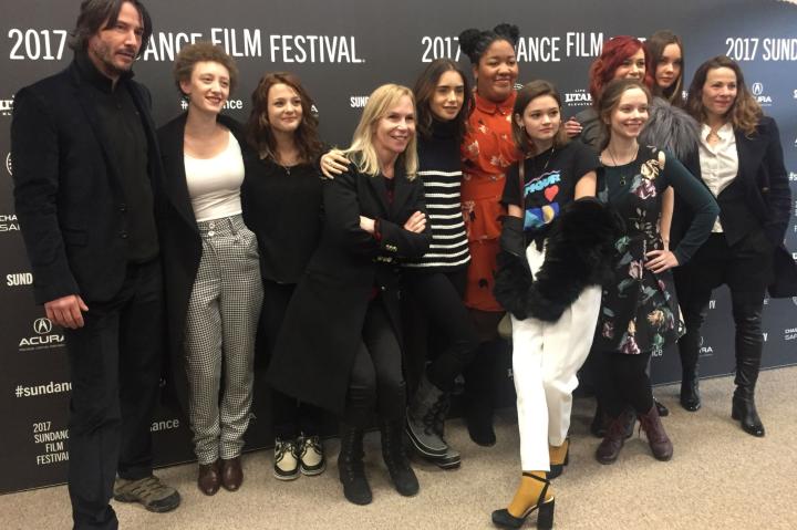 Keanu Reeves, Lili Taylor, Marti Noxon, Carrie Preston, Maya Eshet, Liana Liberato, Ciara Bravo, Rebekah Kennedy, Lily Collins, Kathryn Prescott, and Lindsey McDowell at an event for To the Bone (2017)