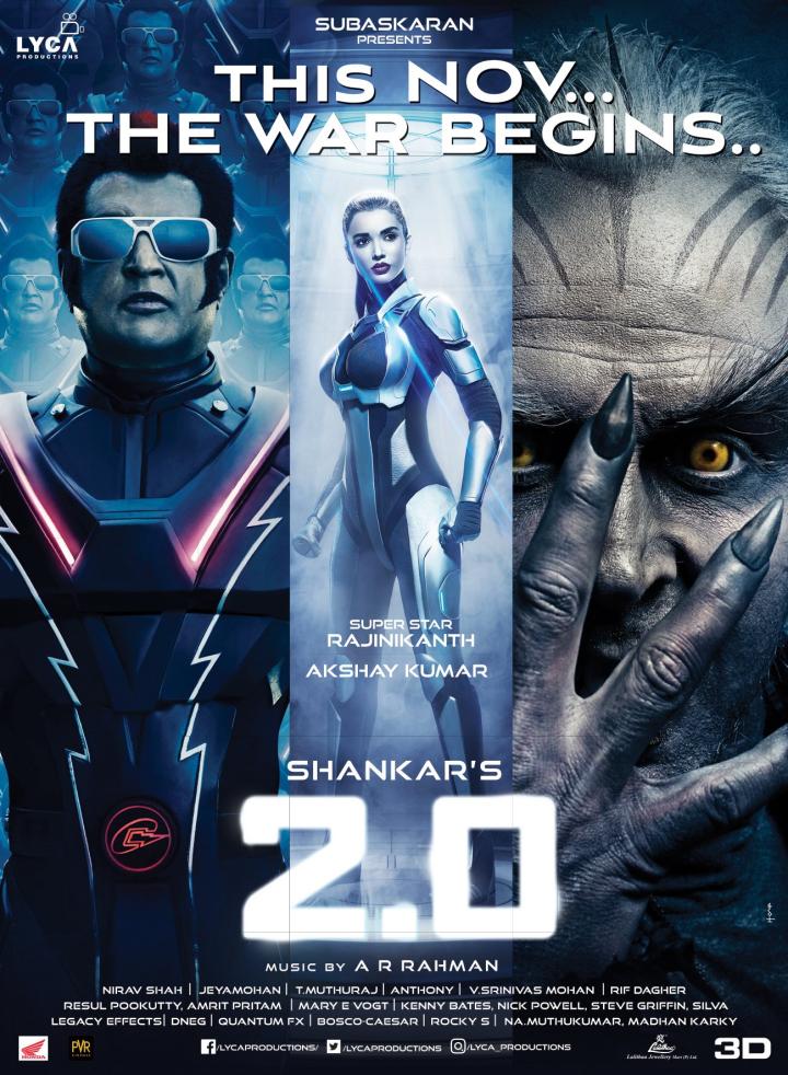 Akshay Kumar, Rajinikanth, and Amy Jackson in 2.0 (2018)