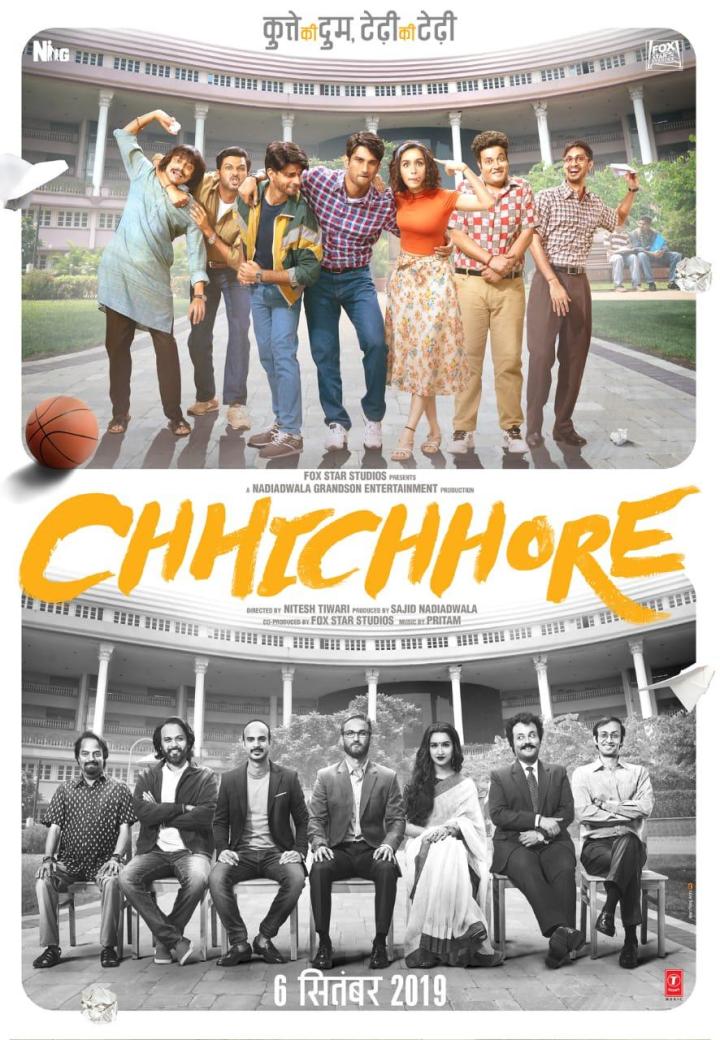 Prateik Babbar, Shraddha Kapoor, Tahir Raj Bhasin, Sushant Singh Rajput, Naveen Polishetty, Varun Sharma, Saharsh Kumar Shukla, and Tushar Pandey in Chhichhore (2019)