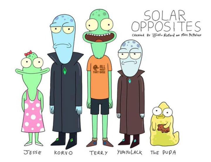 Sagan McMahan, Justin Roiland, Mary Mack, Thomas Middleditch, and Sean Giambrone in Solar Opposites (2020)