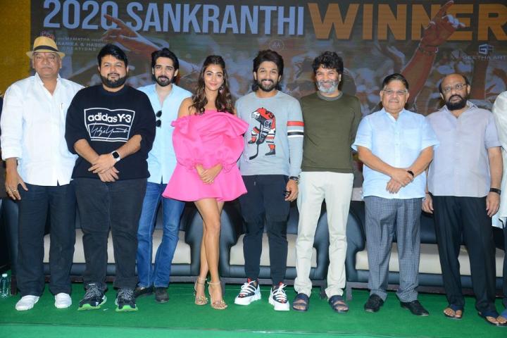 Allu Aravind, Rajendra Prasad, Allu Arjun, Trivikram Srinivas, Sushanth, S. Thaman, S. Radha Krishna, and Pooja Hegde at an event for Ala Vaikunthapurramuloo (2020)