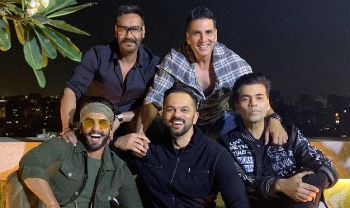 Ajay Devgn, Karan Johar, Akshay Kumar, Rohit Shetty, and Ranveer Singh at an event for Sooryavanshi (2021)